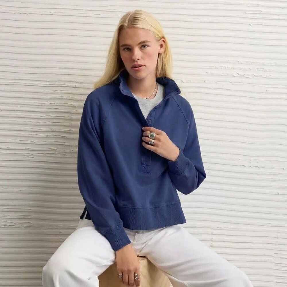 American Eagle Seriously Lived-In Big Hug Henley Sweatshirt XS Indigo Oversized